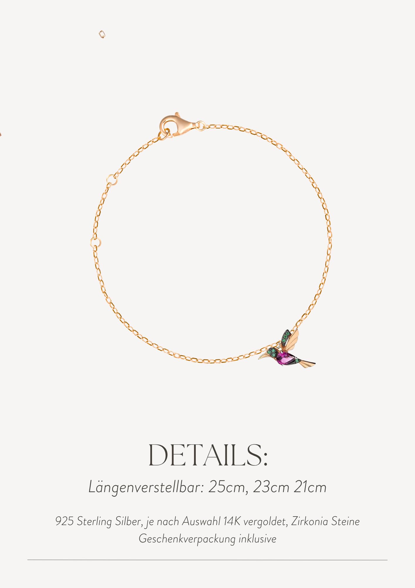 Einzelstück® Kolibri Fußkette I 925 Sterling Silber Fußkettchen mit Vogel Design I 14K Gold & Rosegold I Hummingbird Vogel mit Zirkonia Steinen I Allergikerfreundlicher Echtschmuck (Gold)
